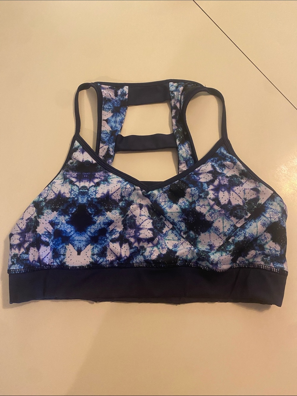 Pink Lotus Tie-Dye Ladder Back Sports Bra in Navy, Purple and White-Large Gym